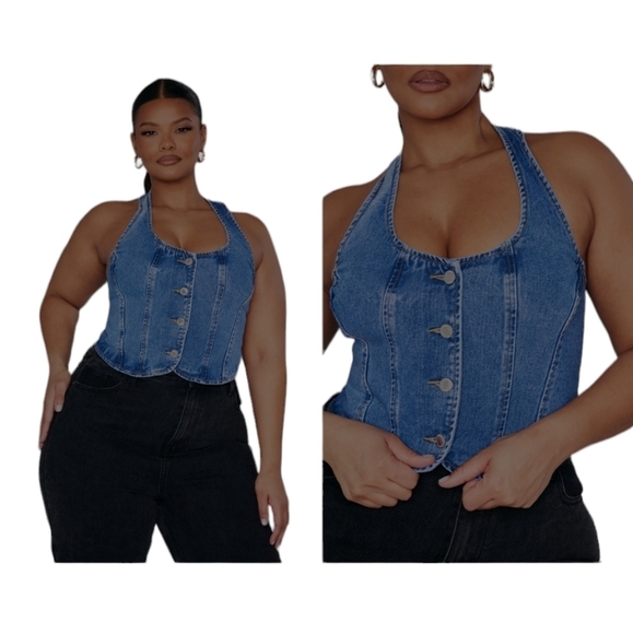 Pretty Little Thing Women's Blue Denim Halterneck button Up Top Fashion Size 18 - Picture 1 of 11